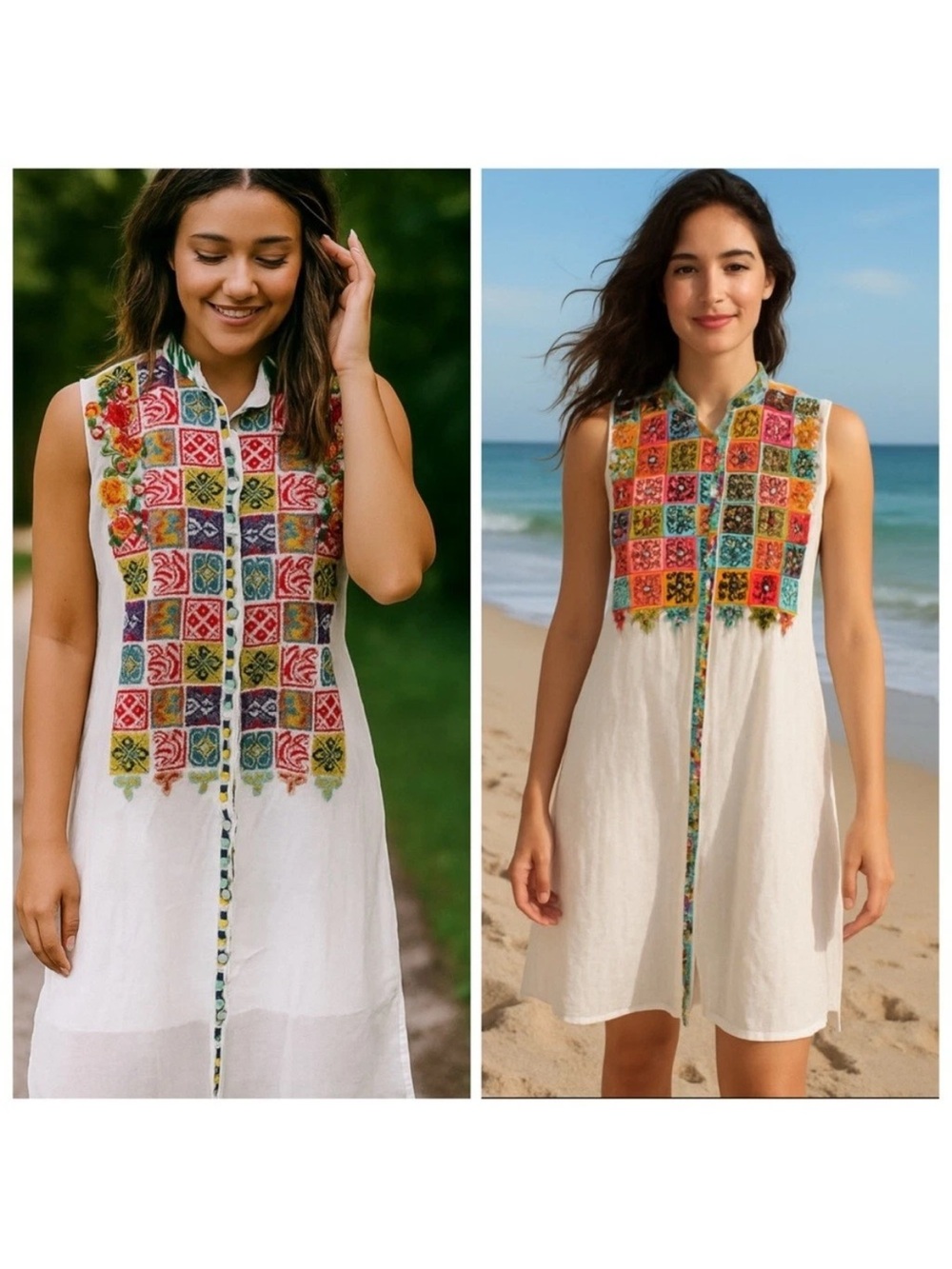 Johnny Was Torreya Embroidered Sleeveless Button Down White Dress X Small